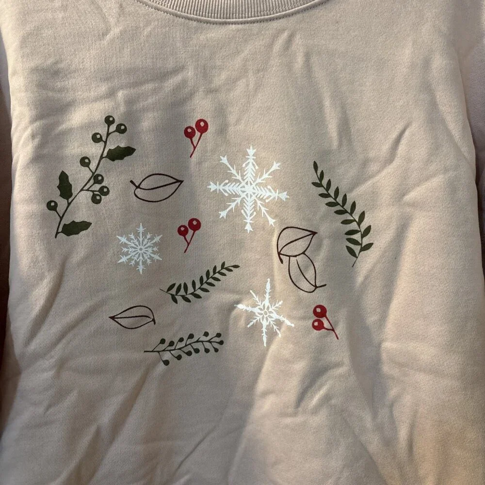 NEW Pact 100% Organic Cotton Pink Winter Sprigs Slouchy Women's Sweatshirt Large